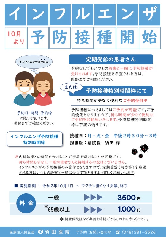 2020年 インフルエンザ予防接種について 外来 医療法人健正会 須田医院 埼玉県川口市坂下町 鳩ヶ谷駅